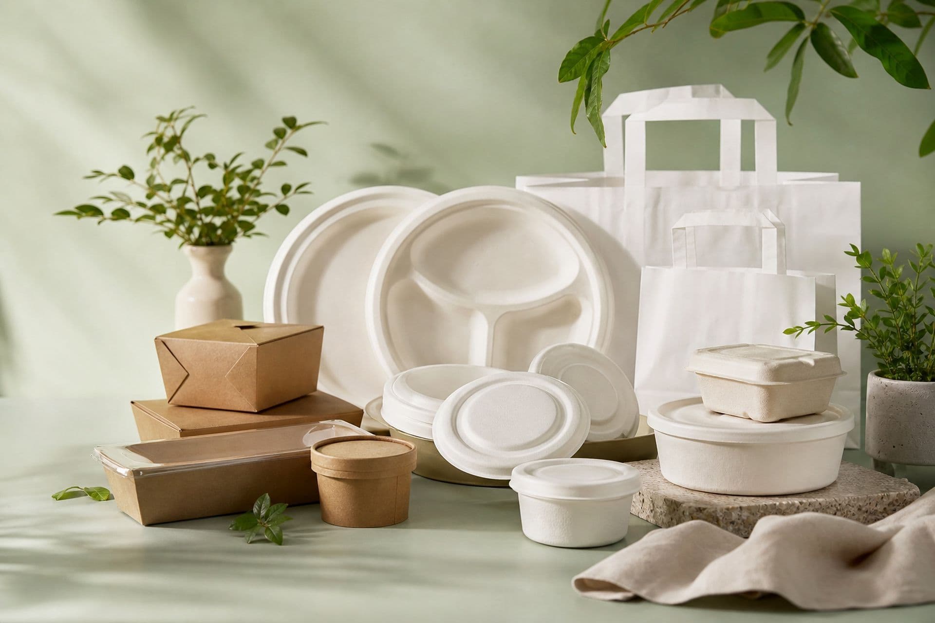 Natureblend eco packaging — plates, bowls, kraft boxes and bags with natural leaves